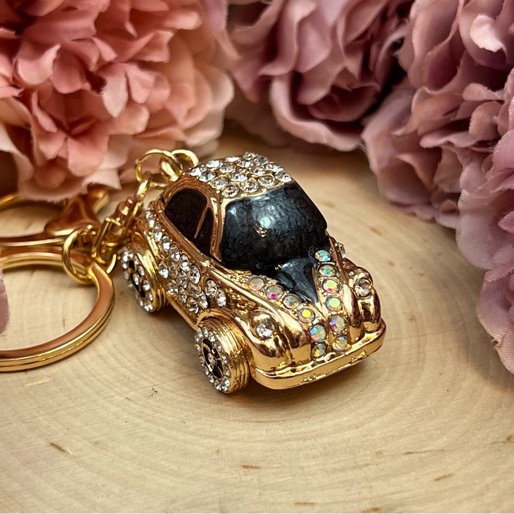 Retro Black and Gold Crystal Coupe Car Keychain Charm - Picture 6 of 16